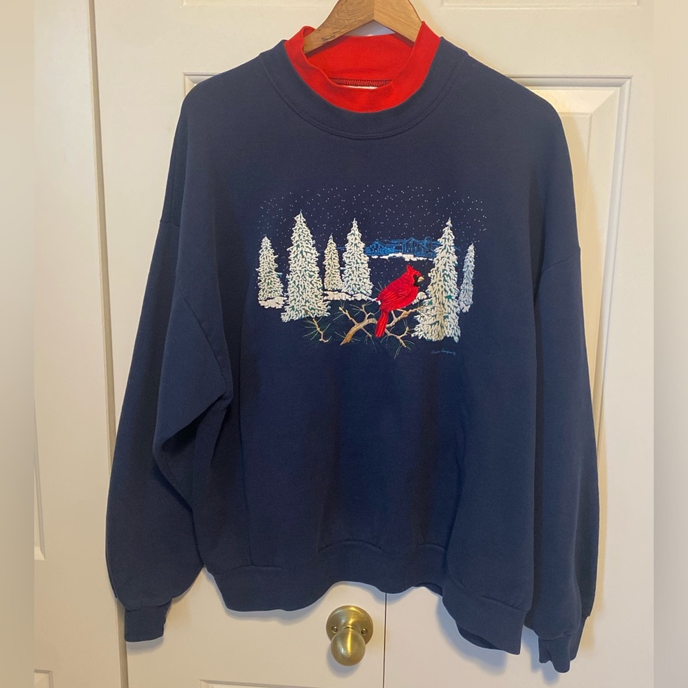 Vintage Women’s Cozy Navy Blue Cardinal Sweatshirt with Winter Scene